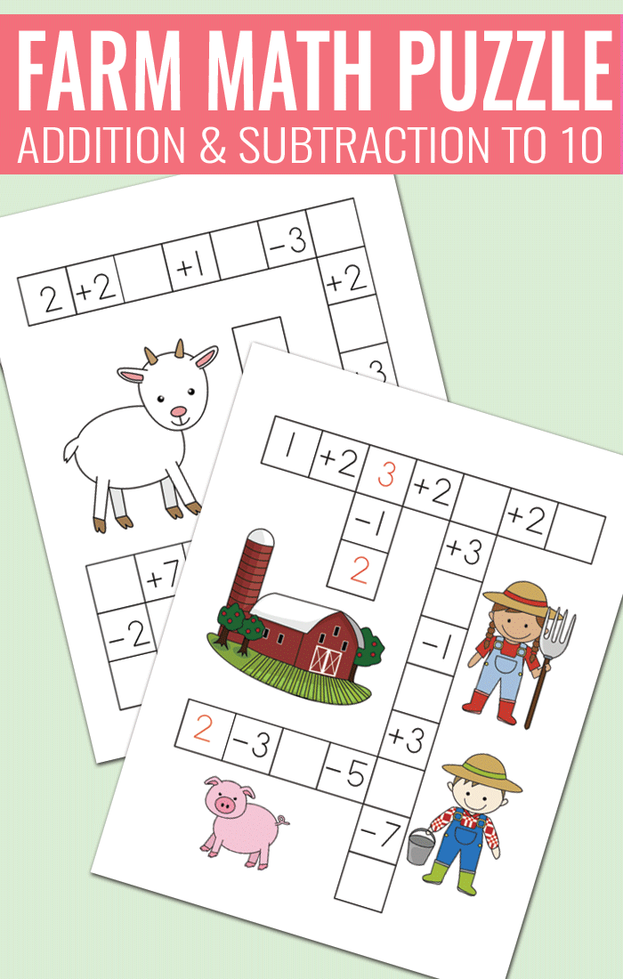 Farm Math Puzzles - Addition and Subtraction to 10 worksheets for kids 
