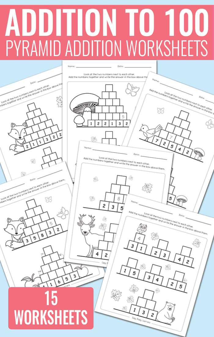 Pyramid Addition up to 100 Worksheets for Kindergarten, Grade 1