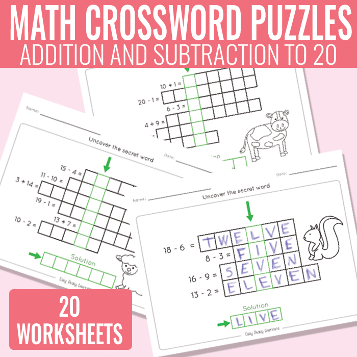 Math Crossword Puzzles Addition and Subtraction to 20 worksheets set