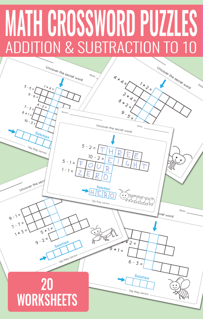 Math Crossword Puzzles Addition and Subtraction to 10 Worksheets for Kindergarten and Grade 1